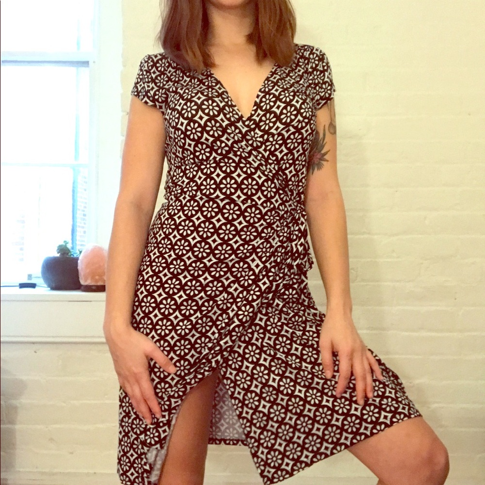 Black and white mid length wrap dress